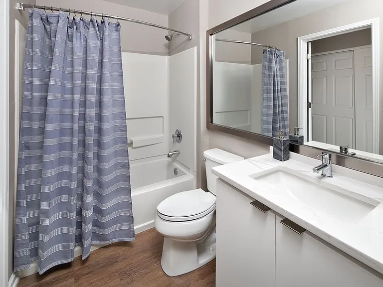 Premier Scheme bath with white flat cabinetry, white marbled quartz countertops, and hard surface flooring