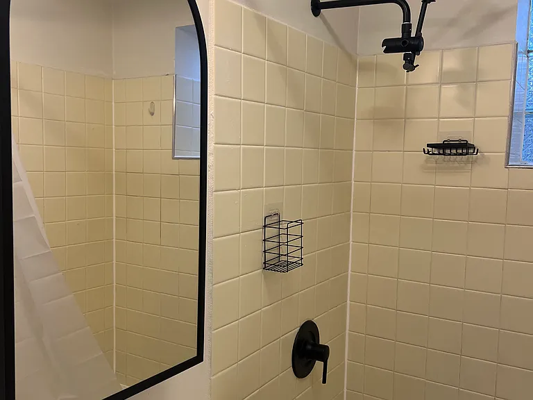 vanity, mirror and shower