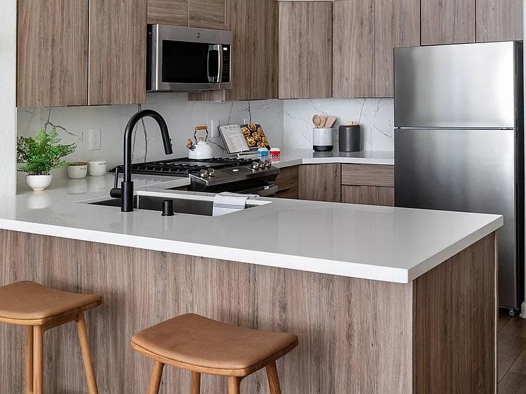 Apartment kitchen with stainless steel appliances, quartz countertops, and wood-style flooring.