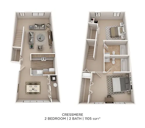 Floor plan Two Bedroom 2 Bath- 1105 sqft