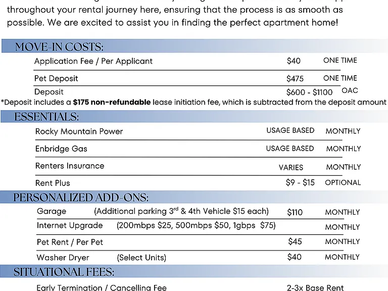 Legacy Springs Fee Guide
