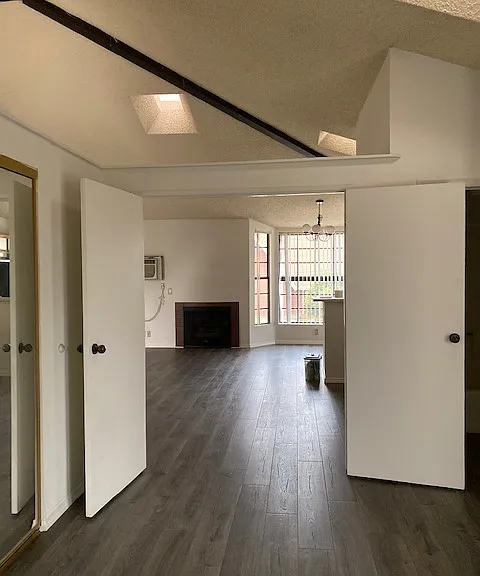 Double doors from the bedroom with a view of the gas fireplace. Note the cathedral ceilings with skylights.