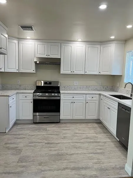 New Kitchen with new cabinets, stove, dishwasher, new quartz counters