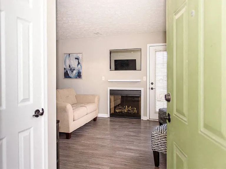 View from front door into ground floor apartment with plank flooring, fireplace, and doorway to private patio