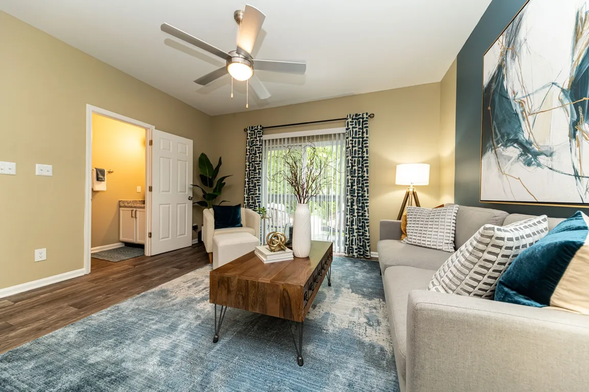 Spacious living room with hardwood-style flooring