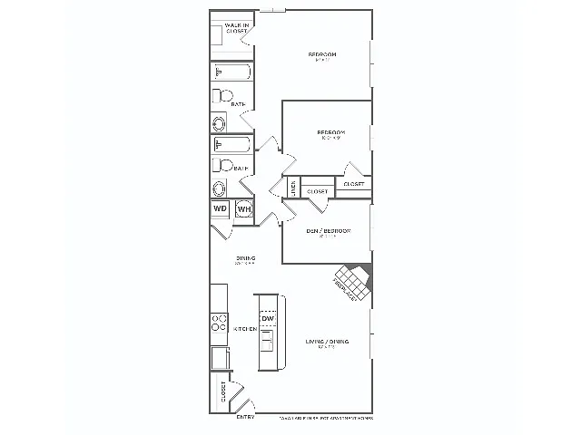 Floor plan Three Bedroom Two Baths (1,000 SF)