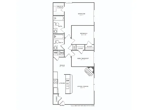 Floor plan Three Bedroom Two Baths (1,000 SF)