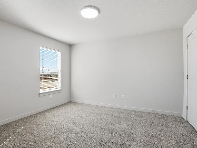 Bright and airy room with plush carpeting, large window allowing natural light, and modern white walls.