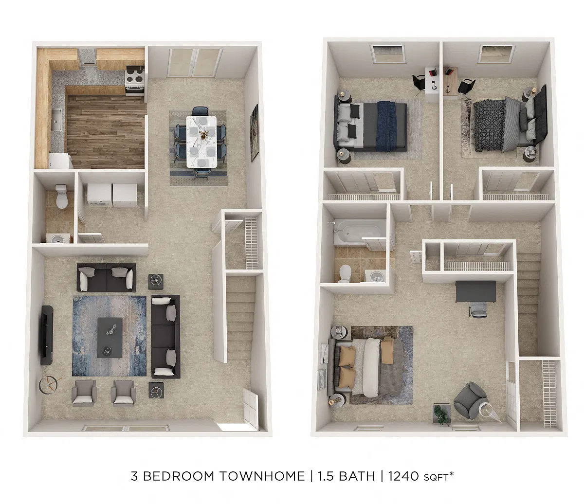 Floor plan Three Bedroom 1.5 Bath Townhome - 1,240 sqft