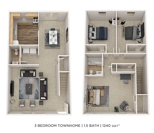 Floor plan Three Bedroom 1.5 Bath Townhome - 1,240 sqft