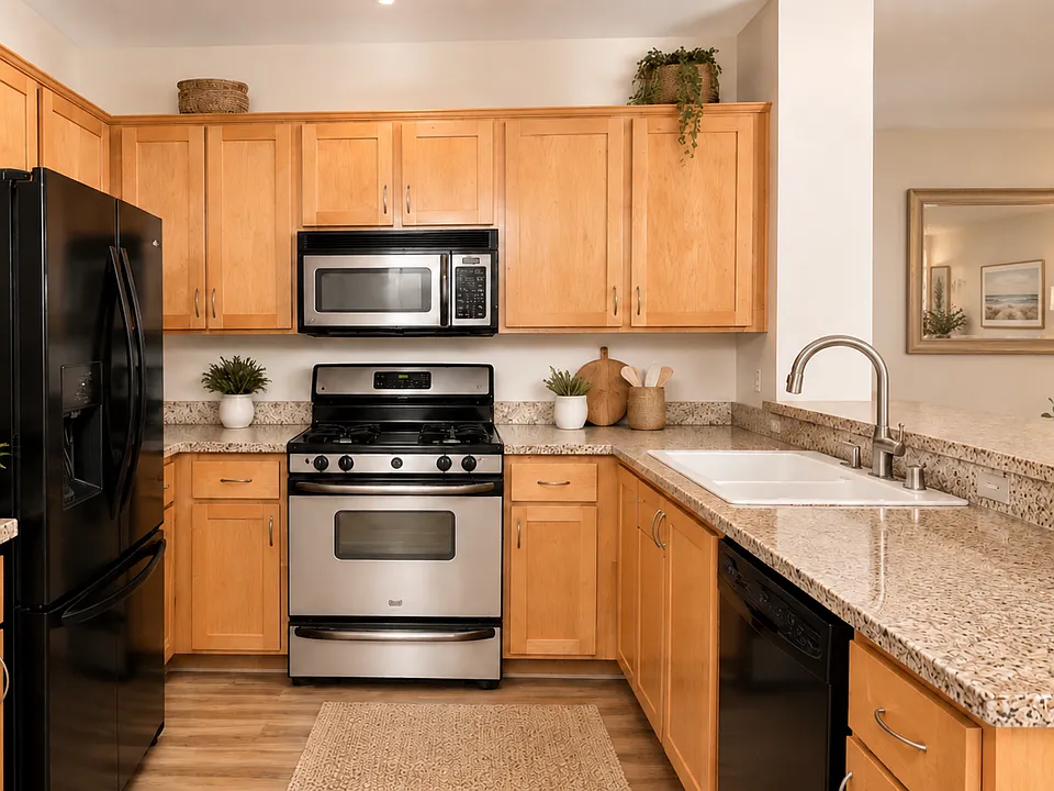 This is the kitchen with stainless steel and black appliances, including a gas range and oven.