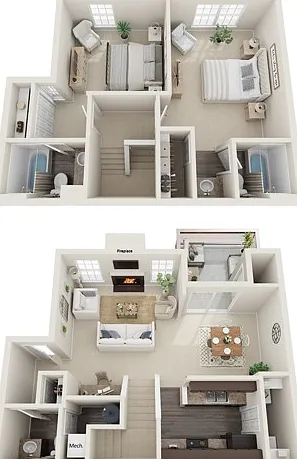 Two Bedrooms, Two and a Half Bathrooms, Townhome, 1075 sqft, Patio, Fireplace, Sunken Living Room, Vaulted Ceilings, Full-Sized Washer/Dryer Connection Two Bedrooms, Two and a Half Bathrooms, Townhome, 1075 sqft, Patio, Fireplace, Sunken Living Room, Vaul