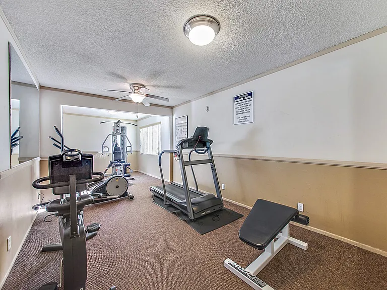 Fitness center including treadmill, stationary bike, Sit-up bench and pec deck machine