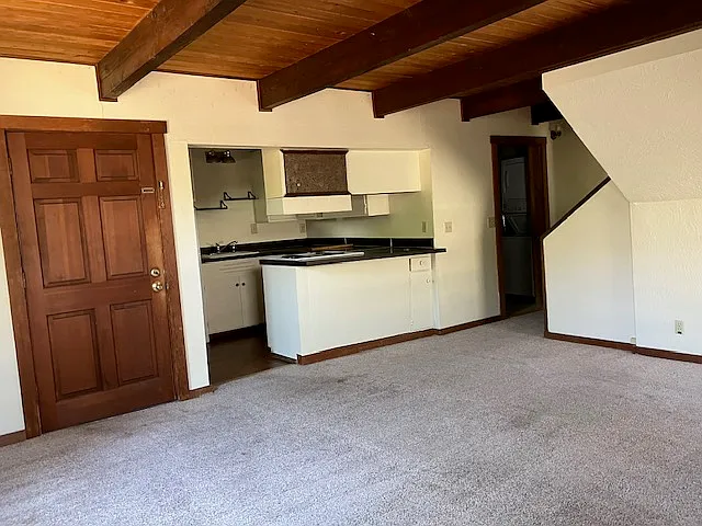 Living room facing kitchen and back door to yard