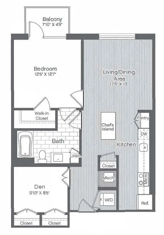Floor plan 1 Bed/1 Bath Den-B1
