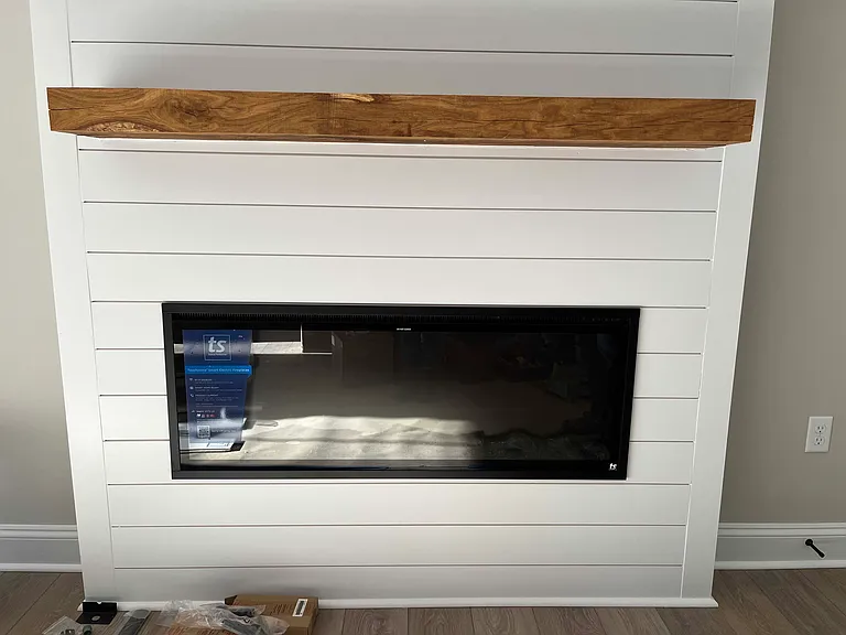 electric fireplace, mantle. coax hook up above
