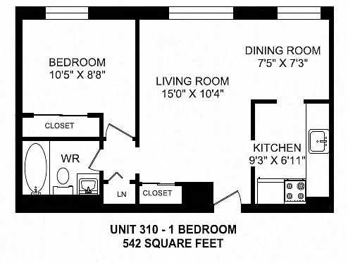 Floor plan 1 Bed 1 Bath D - 95 Front