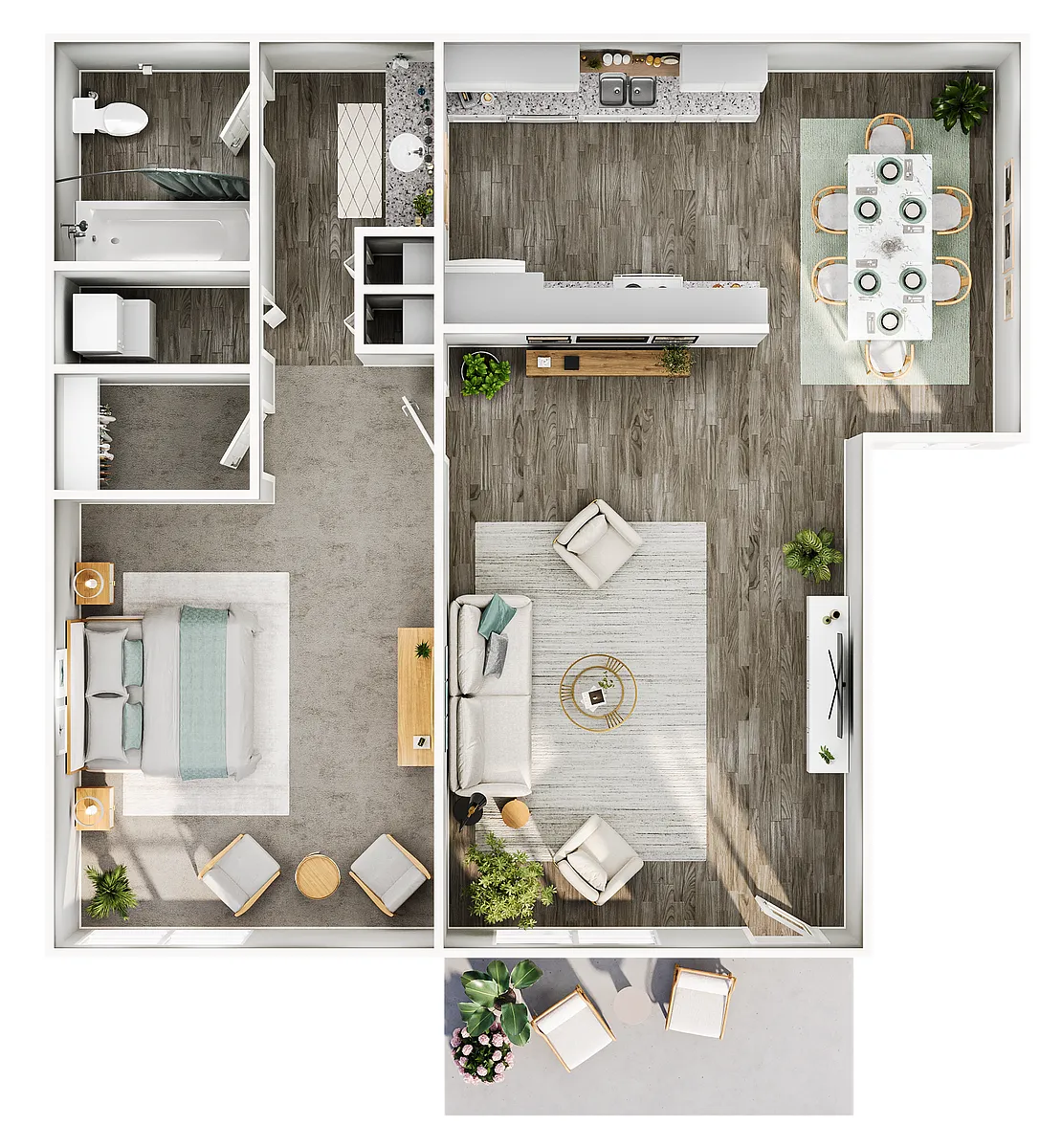 Floor plan 1 Bed, 1 Bath (696 Sq. Ft.)