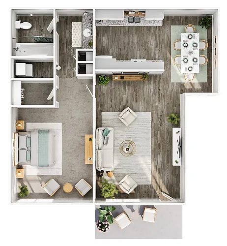 Floor plan 1 Bed, 1 Bath (696 Sq. Ft.)