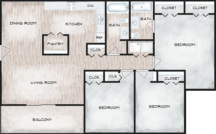 3 Bed 2 Bath Floorplan Diagram