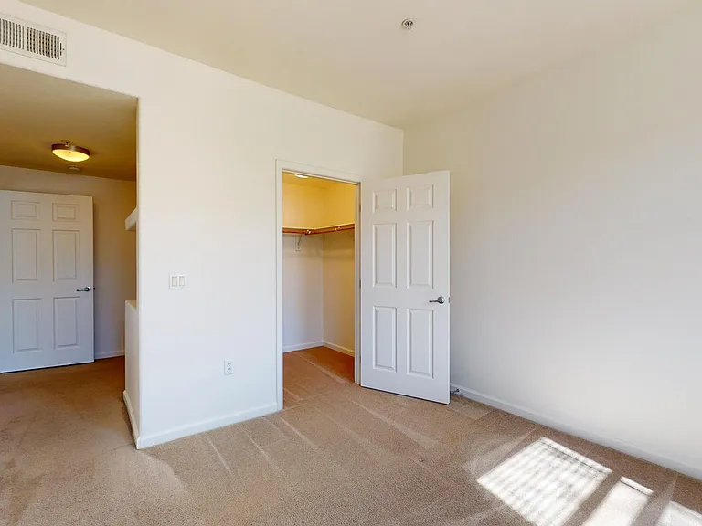 Spacious apartment bedroom with large closet and plush carpet flooring.