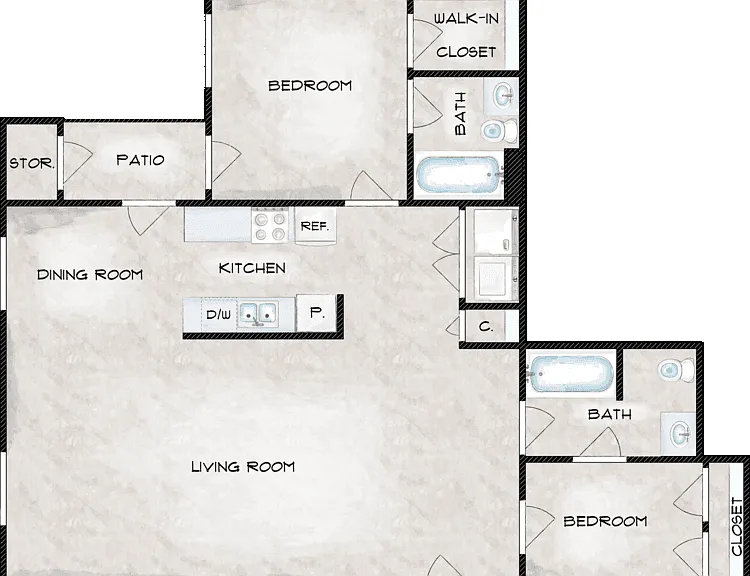 2 Bed 2 Bath Floorplan Diagram