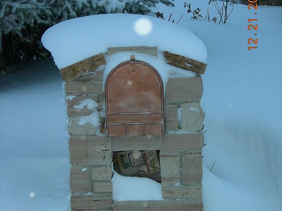Snow on Stone Mailbox