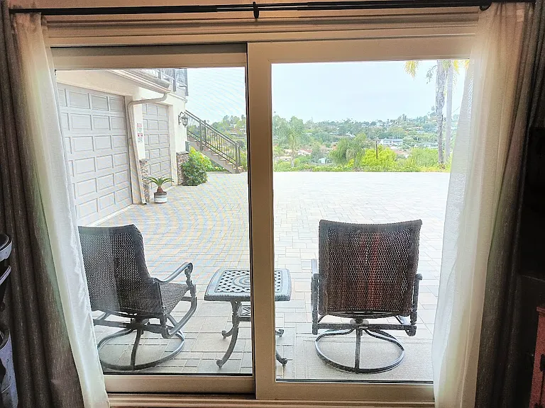 View from large sliding glass door in living room.