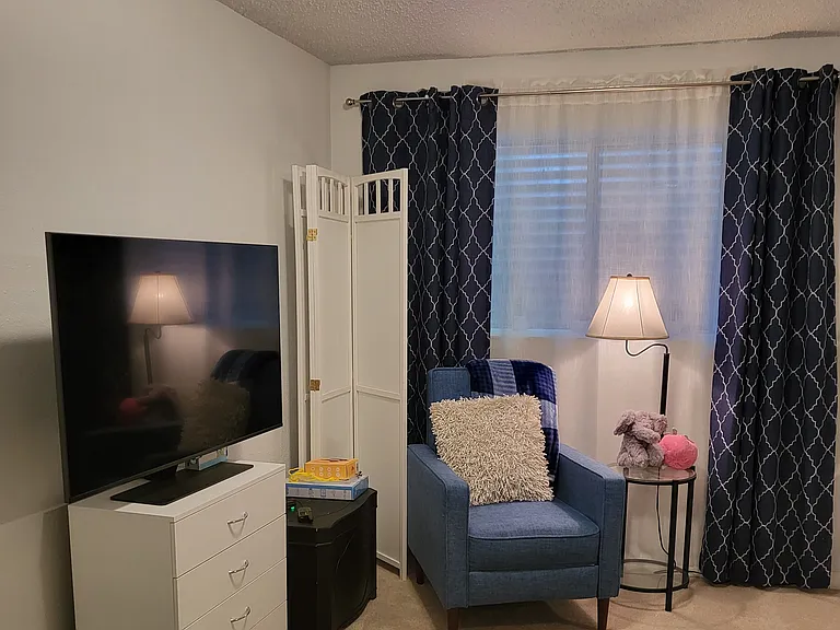 Basement window, recliner, T.V., dresser, end tables, lamps and cheerful decor. 
Room divider to separate bedroom from work space/living area. (Optional)