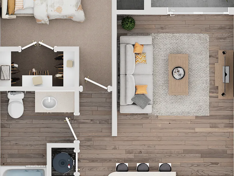 Explore this cozy apartment layout with a welcoming living space and beautiful interiors. Explore this cozy apartment layout with a welcoming living space and beautiful interiors.
