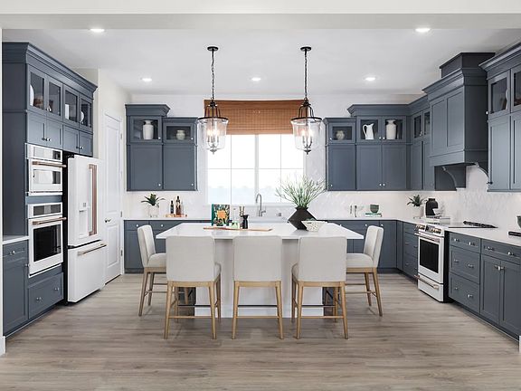 Glass upper cabinets and gorgeous flooring in kitchen