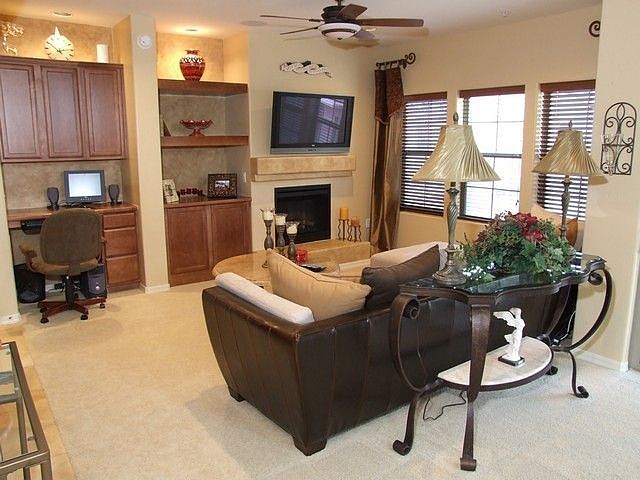 Family Room with custom built-ins and surround sound!
