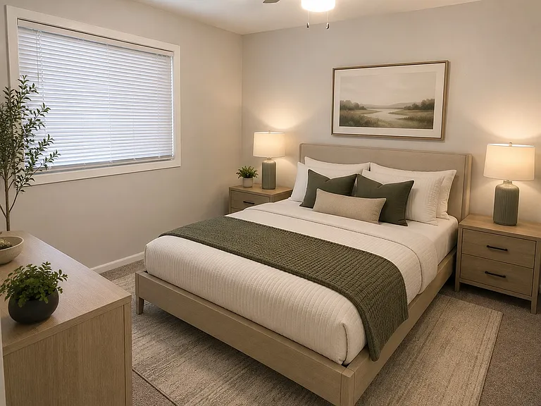 AI-staged second bedroom, which measures 11' 7" x 11'.