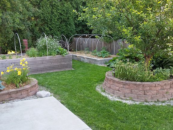 Back yard patio, raised beds