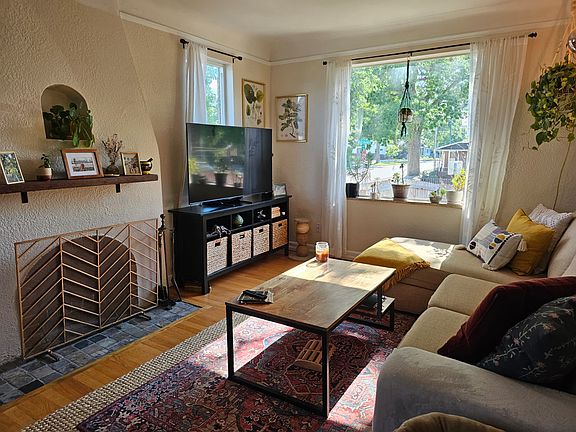 Living room: working, wood-burning fireplace