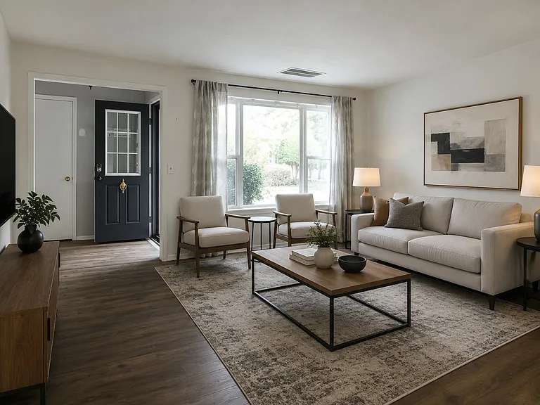 Front living room with large bay window for ample natural light.