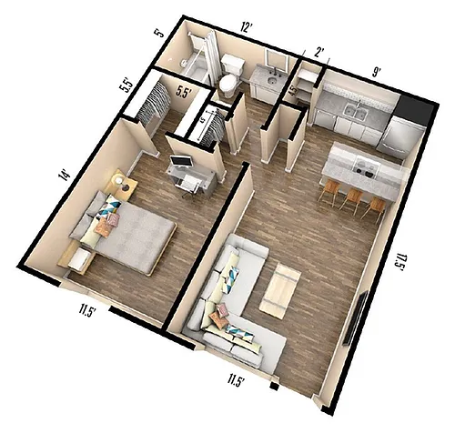 Floor plan 1BR/1BA - A3 - Premium