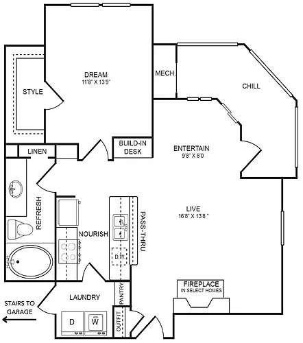 Floor plan 1 Bedroom, 1 Bathroom, Garage 813 SF 11BG