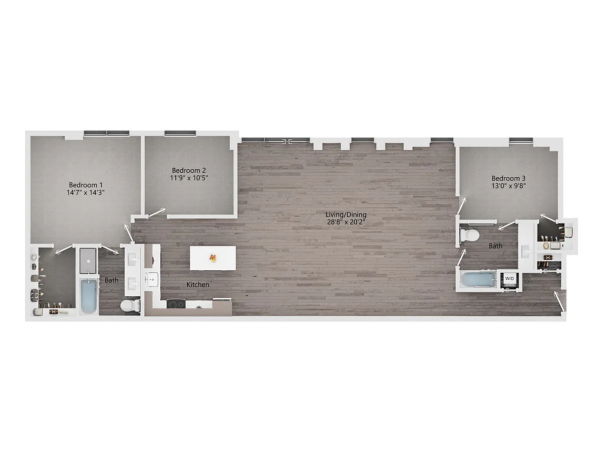 Floor plan 3 Bedroom, 2 Bath E
