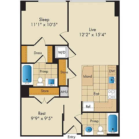 Floor plan 1 Bed 2 Bath w Den-AD1b