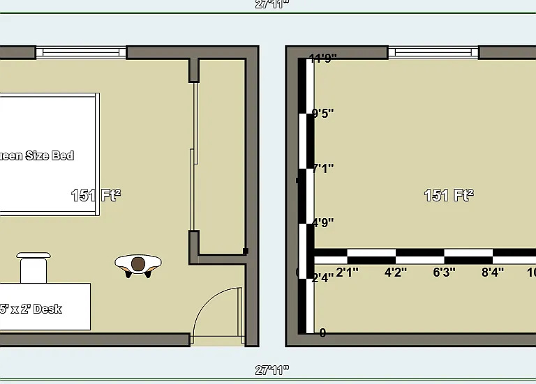 Bedroom floor plan with and without furniture for scale
