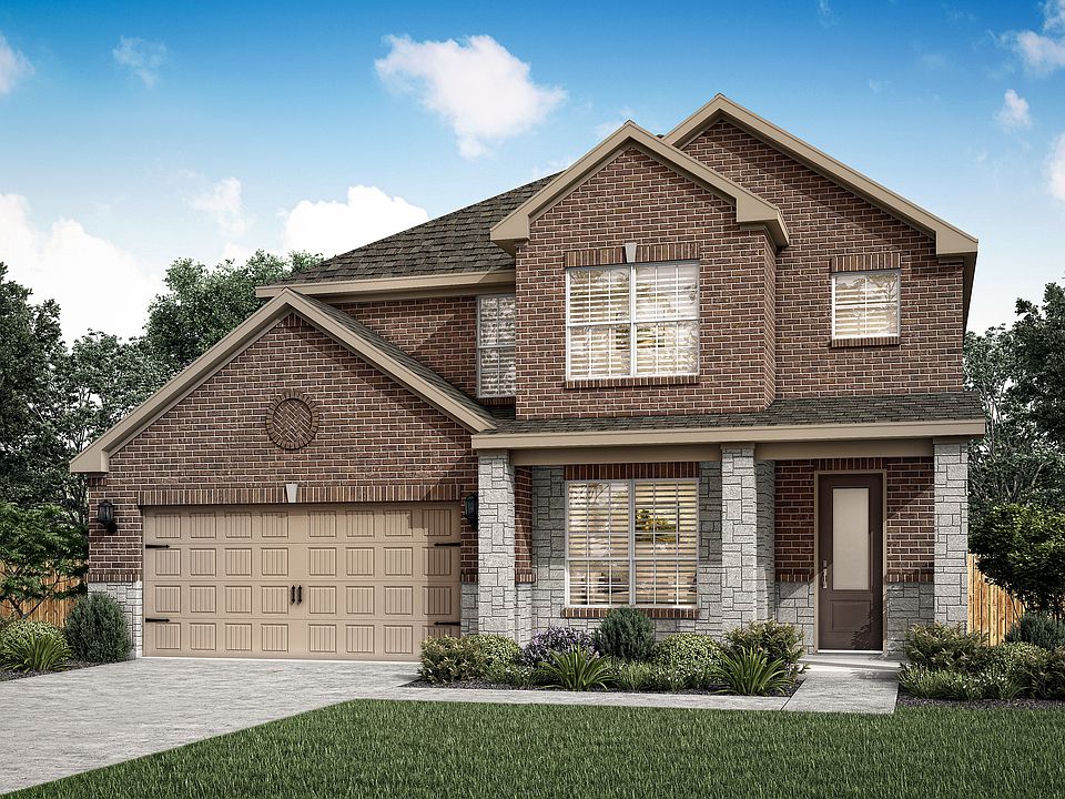 The Superior is a two story home with brick and stone.