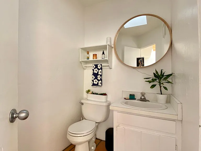 Upstairs bathroom featuring a skylight