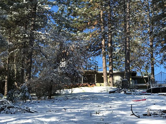 Snowy day looking up at the house from down the hillside