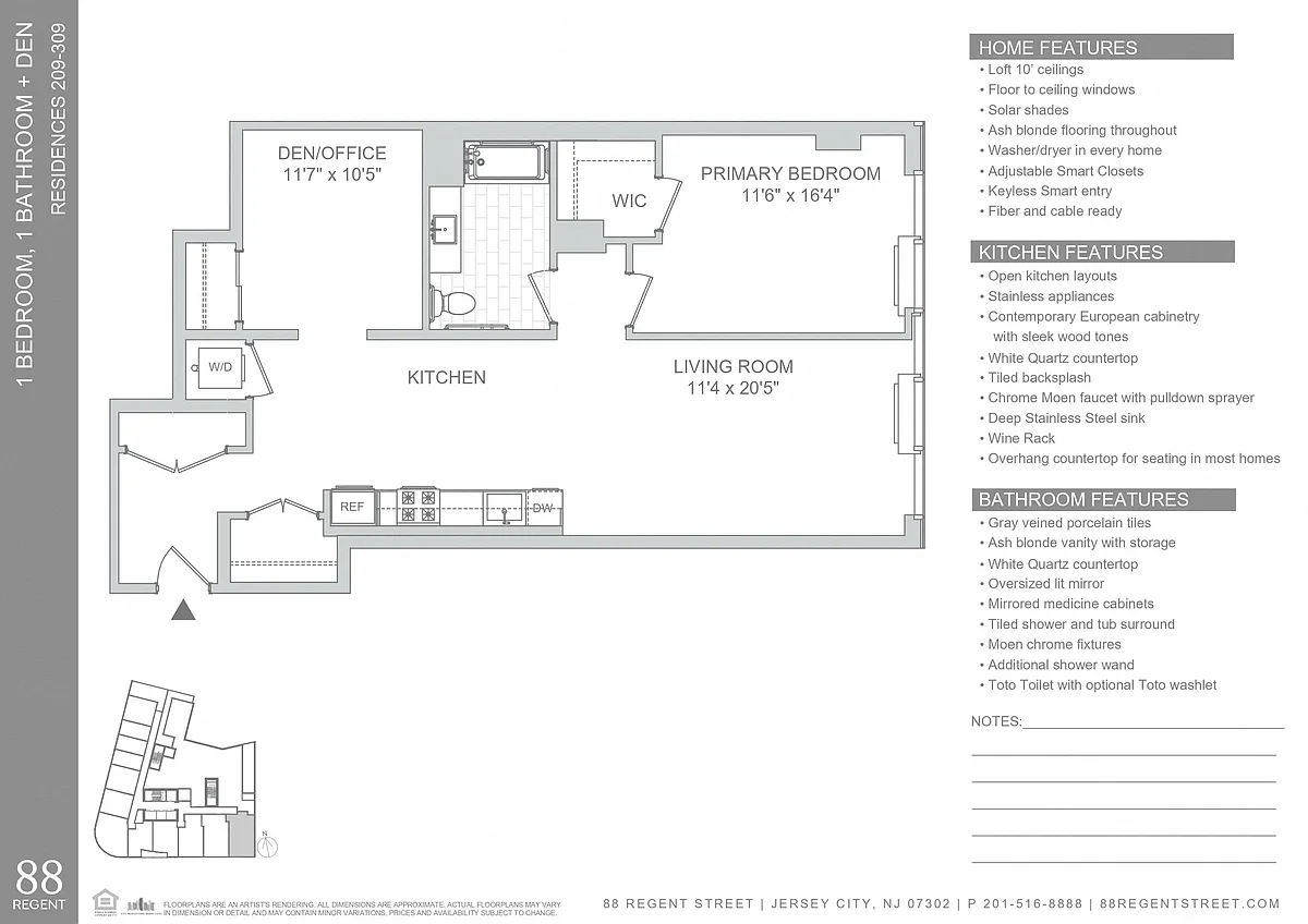 Floor plan 88 Regent - 1-bed+den A17