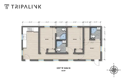Floor plan 3 Bed 3 Bath - 652 sqft