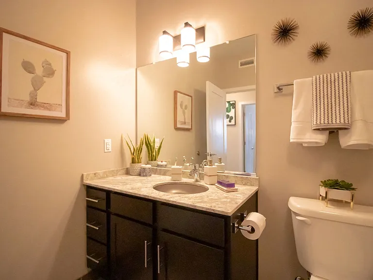 The bathrooms at Penstock Quarter feature under mount stainless steel sinks and granite counter tops.