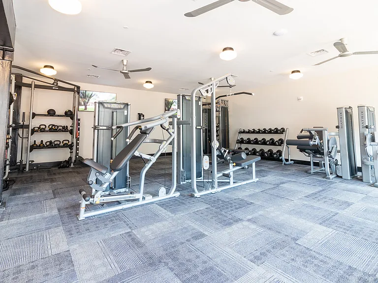 Multiple different exercise machines to stay fit.