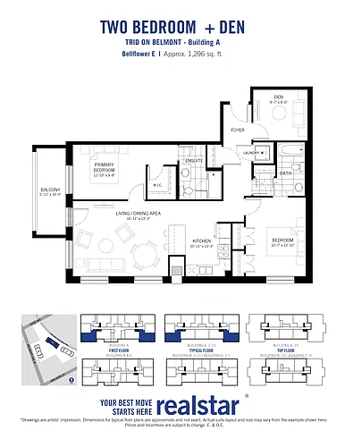 Floor plan 2 Bed Den 2 Bath (Bellflower E)