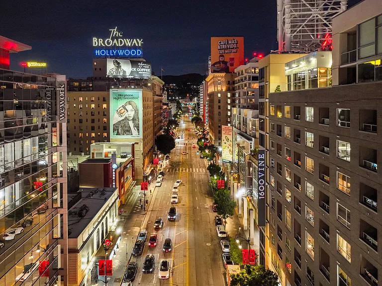 Nighttime exterior of 1600 Vine in Hollywood, CA.